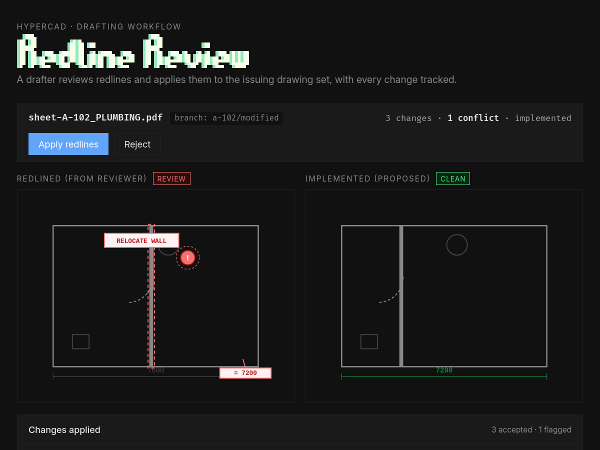 Redline review: redlined plan next to the implemented sheet