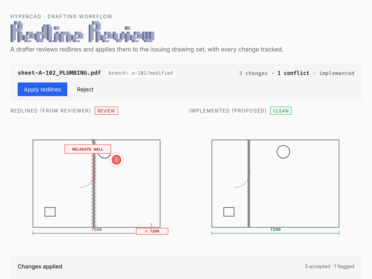 Redline review: redlined plan next to the implemented sheet